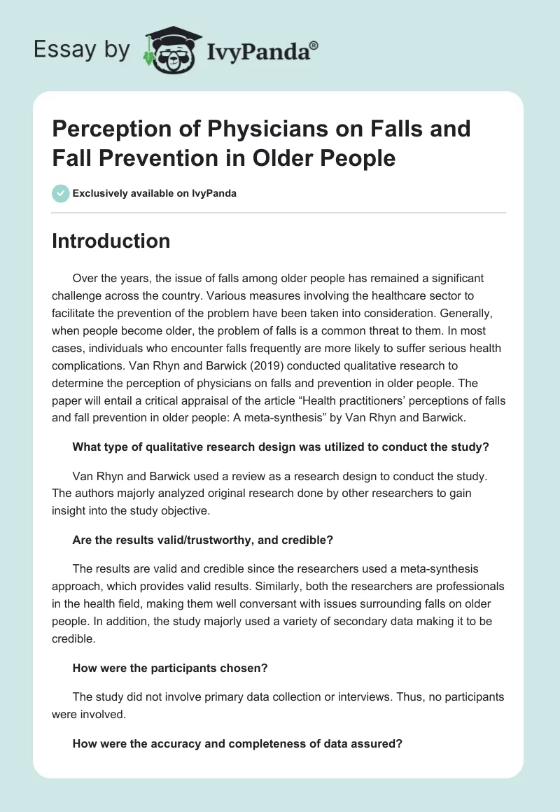 Perception of Physicians on Falls and Fall Prevention in Older People. Page 1
