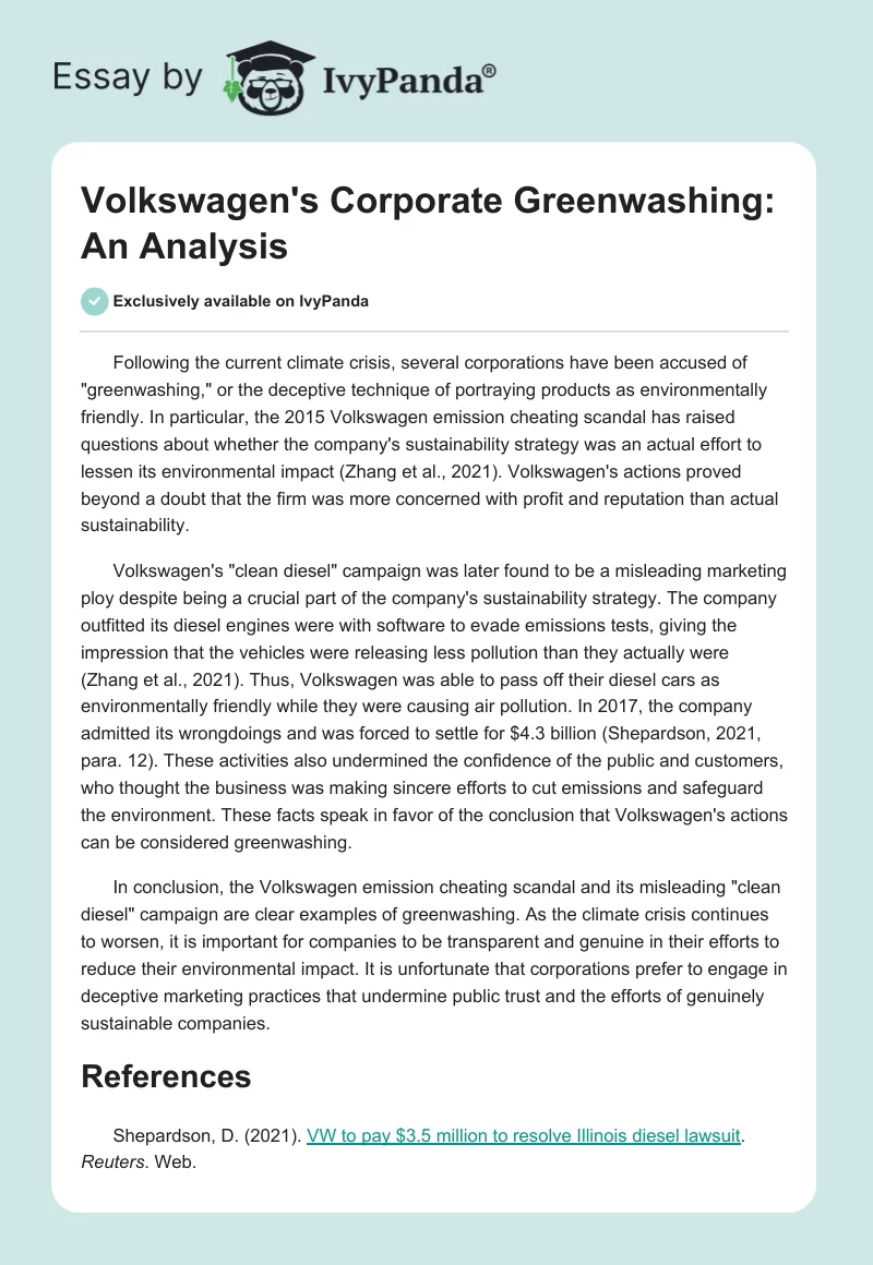 Volkswagen's Corporate Greenwashing: An Analysis. Page 1