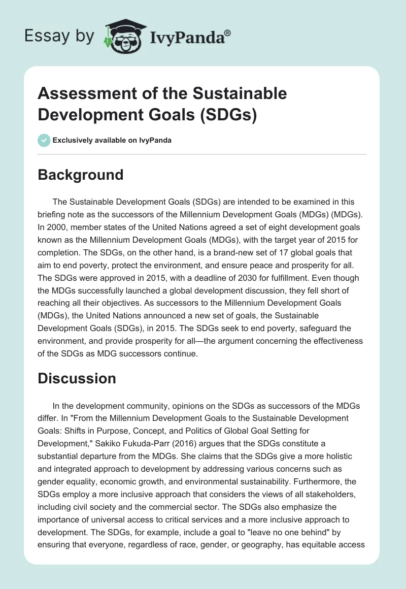 Assessment of the Sustainable Development Goals (SDGs). Page 1