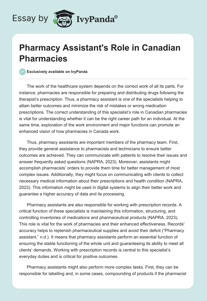 Pharmacy Assistant's Role in Canadian Pharmacies. Page 1