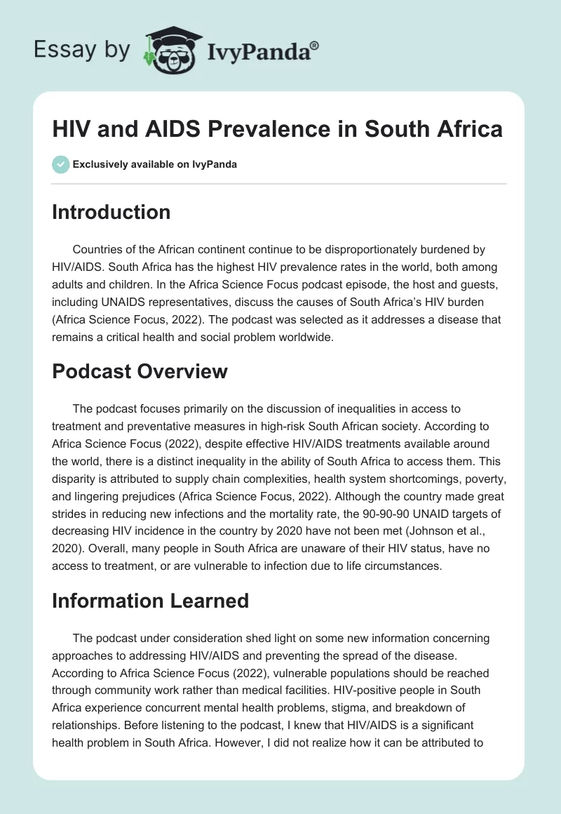 HIV and AIDS Prevalence in South Africa. Page 1