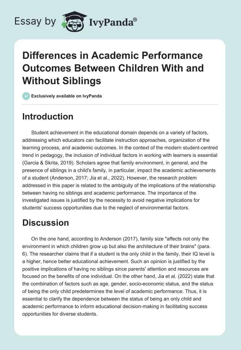 Differences in Academic Performance Outcomes Between Children With and Without Siblings. Page 1