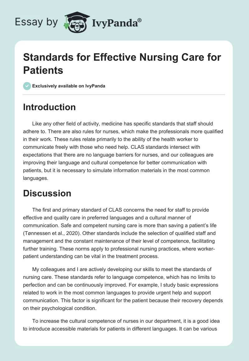 Standards for Effective Nursing Care for Patients. Page 1