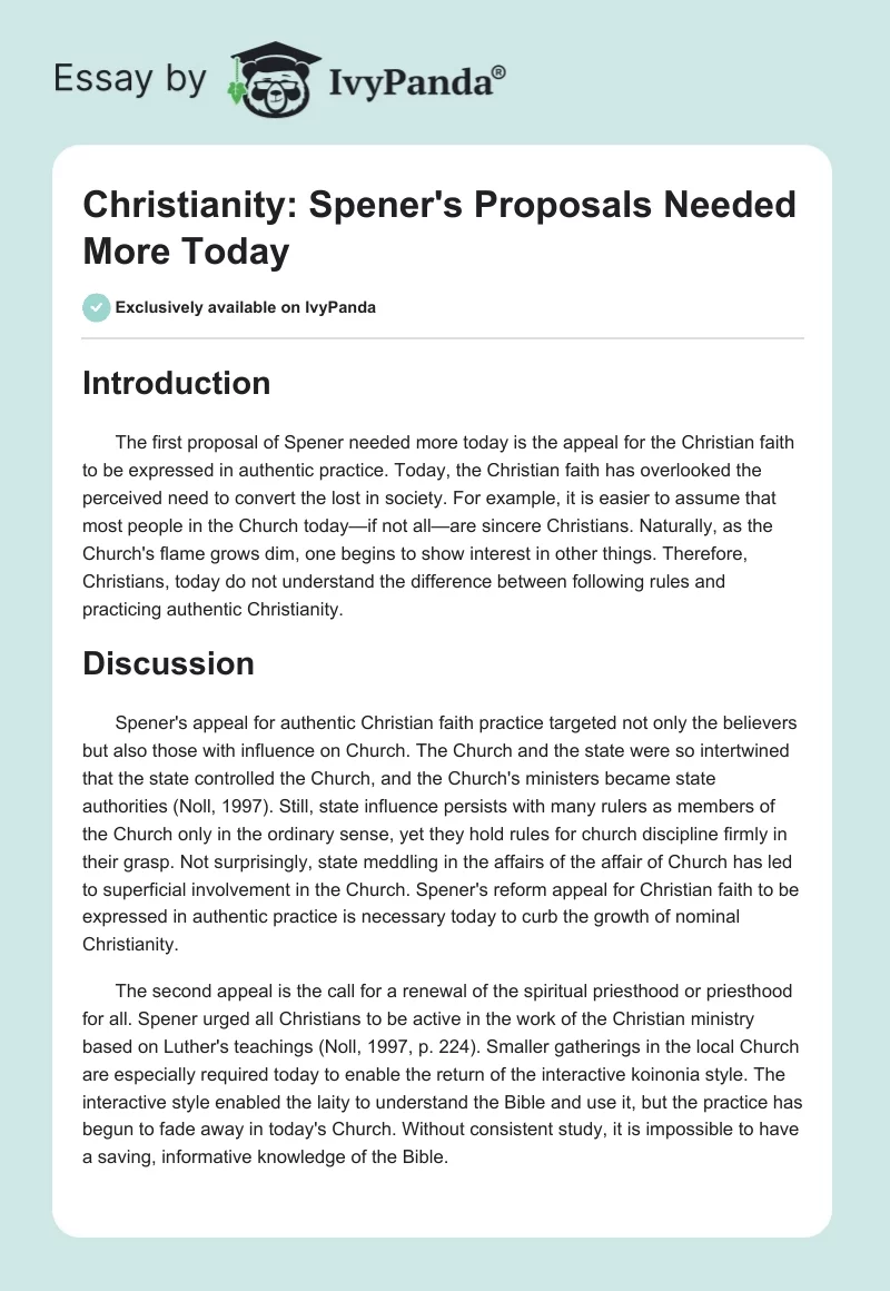 Christianity: Spener's Proposals Needed More Today. Page 1