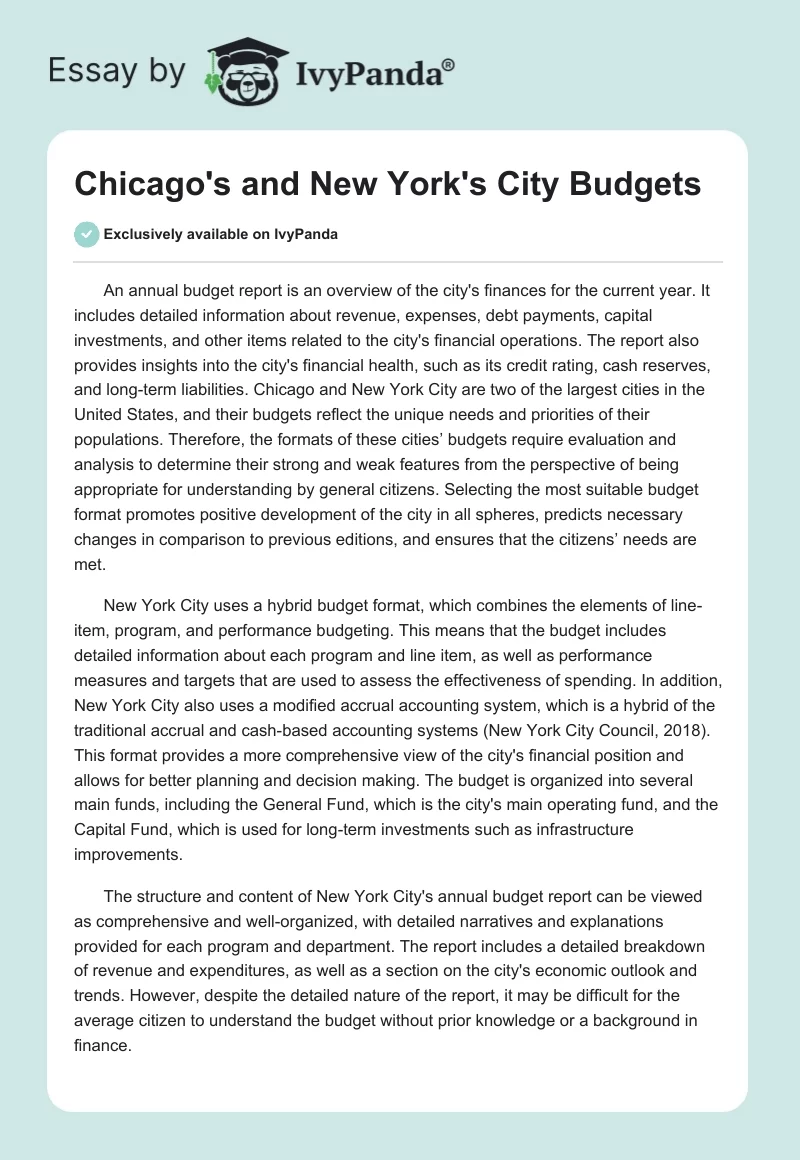 Chicago's and New York's City Budgets. Page 1