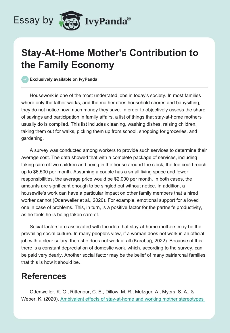 Stay-At-Home Mother's Contribution to the Family Economy. Page 1