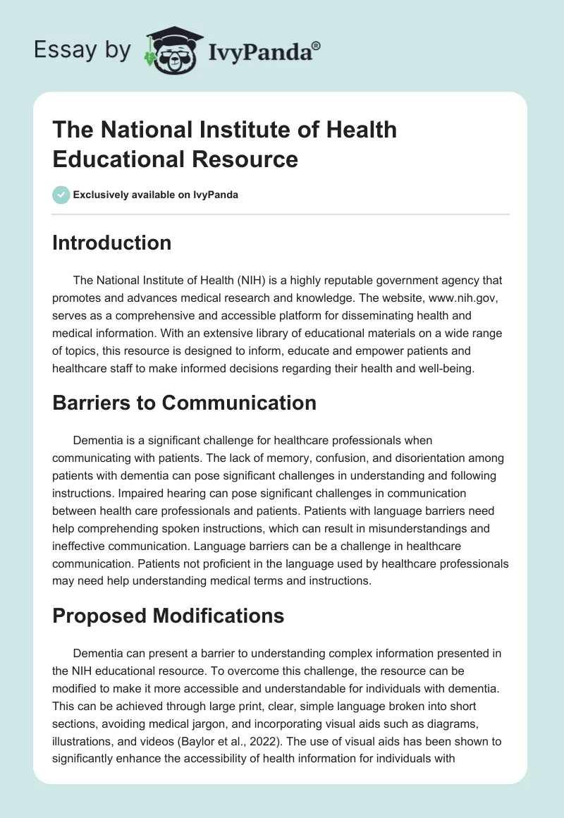 The National Institute of Health Educational Resource. Page 1