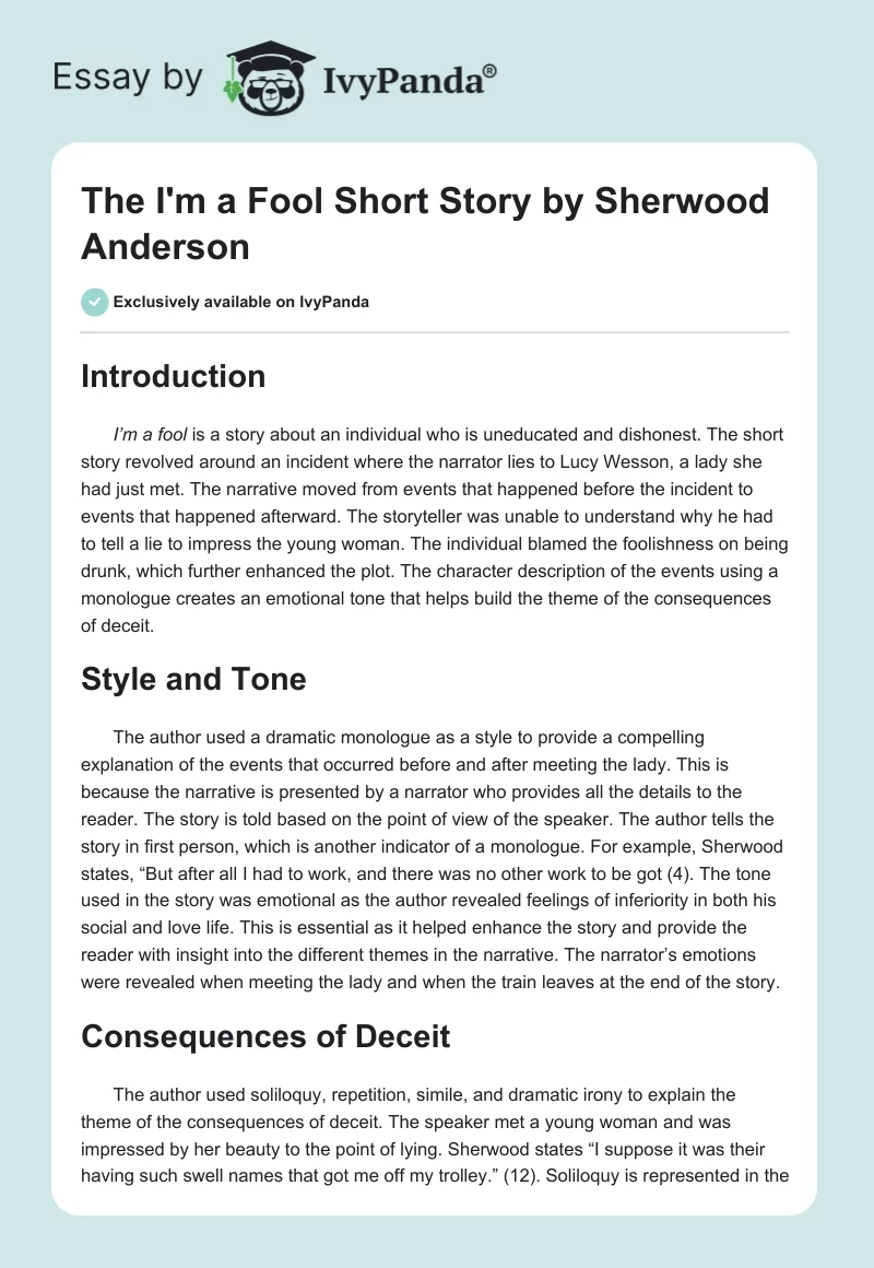The "I'm a Fool" Short Story by Sherwood Anderson. Page 1
