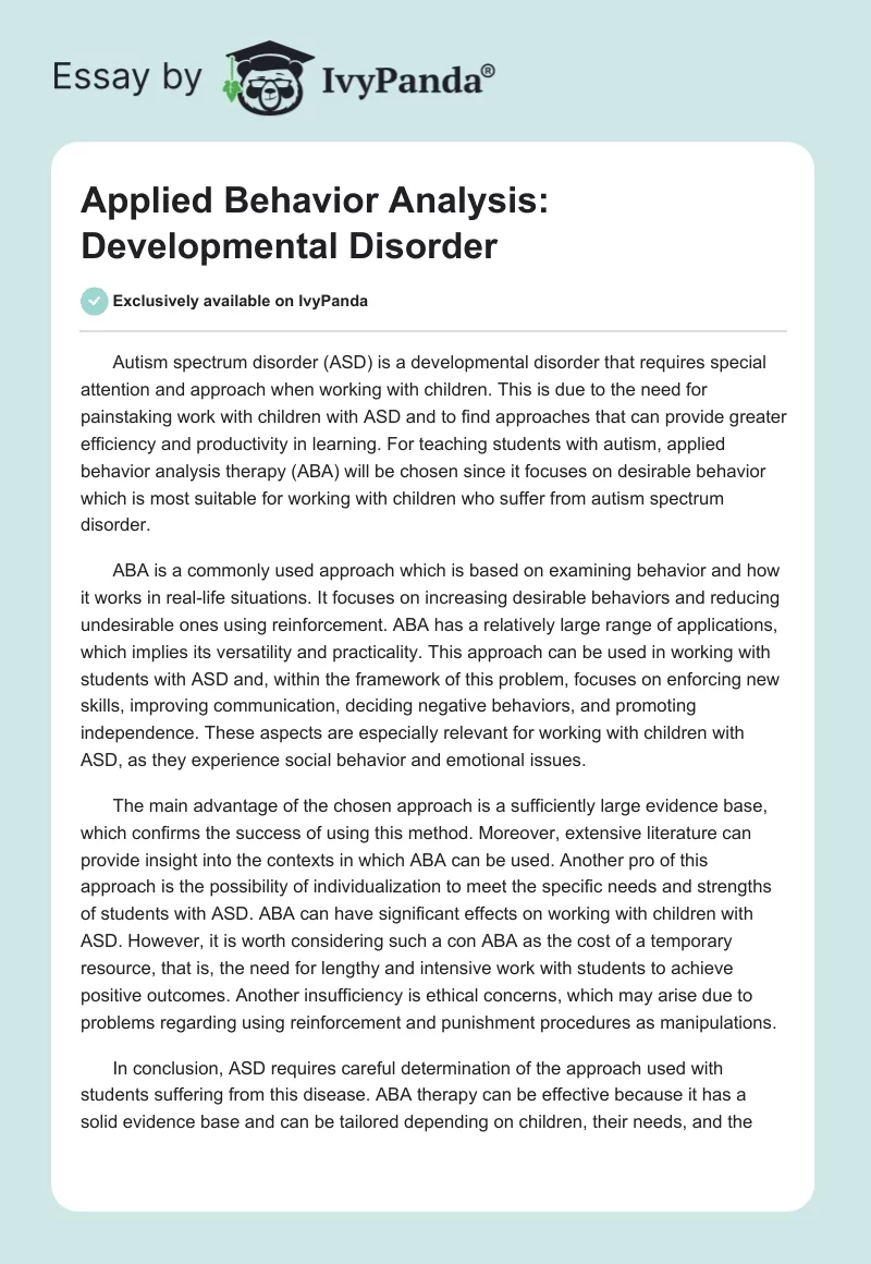 Applied Behavior Analysis: Developmental Disorder. Page 1