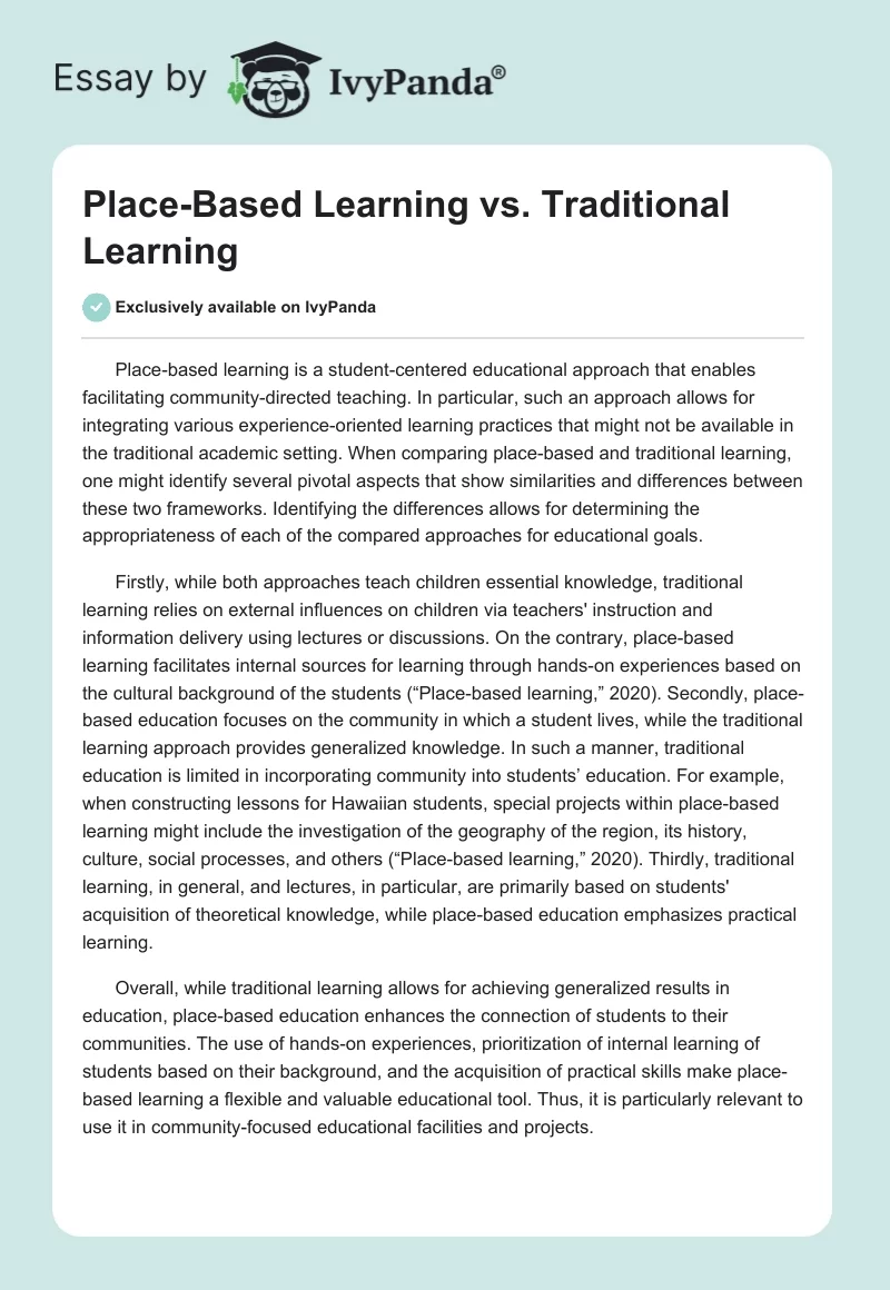 Place-Based Learning vs. Traditional Learning. Page 1
