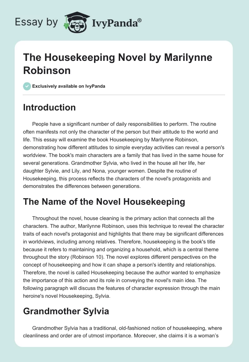 The "Housekeeping" Novel by Marilynne Robinson. Page 1