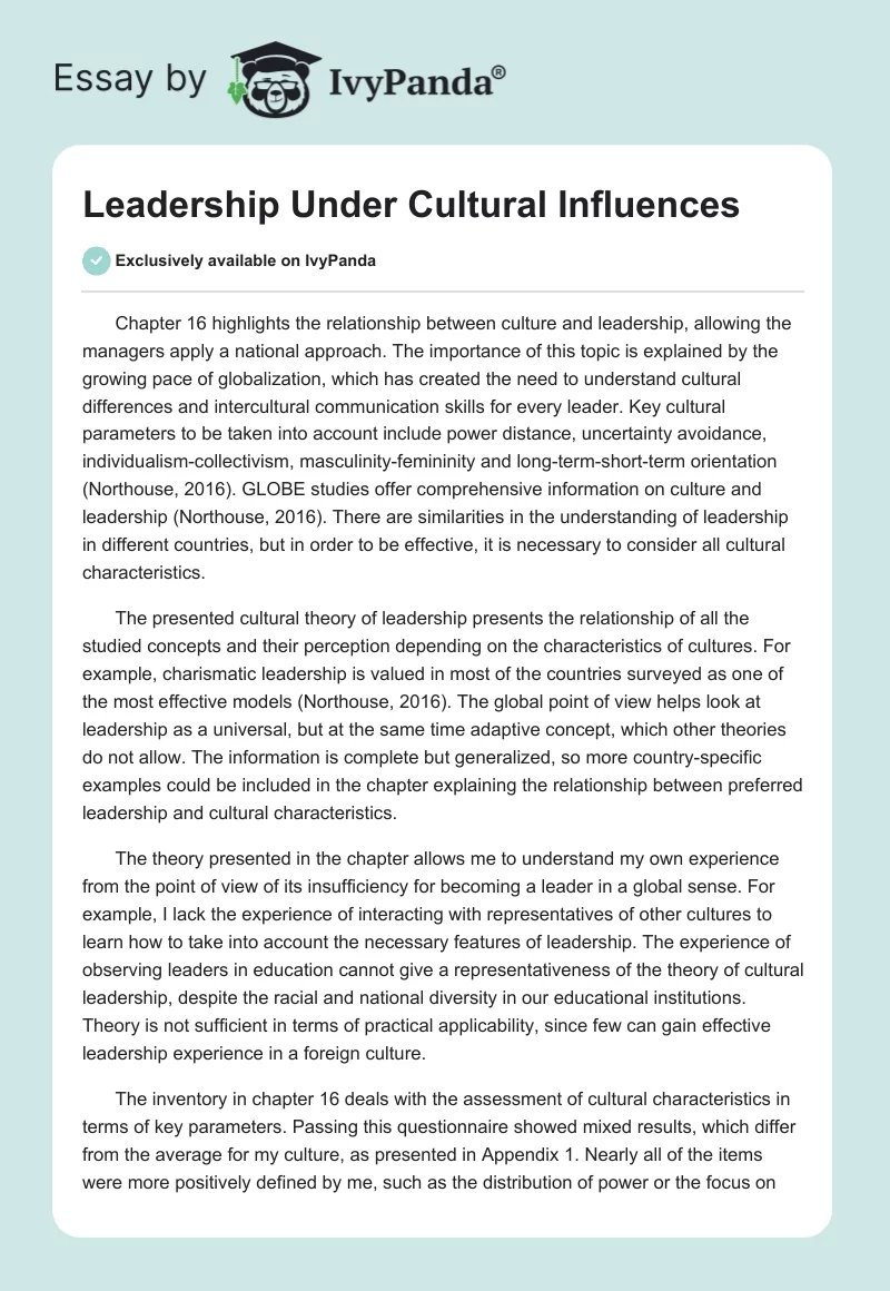 Leadership Under Cultural Influences. Page 1