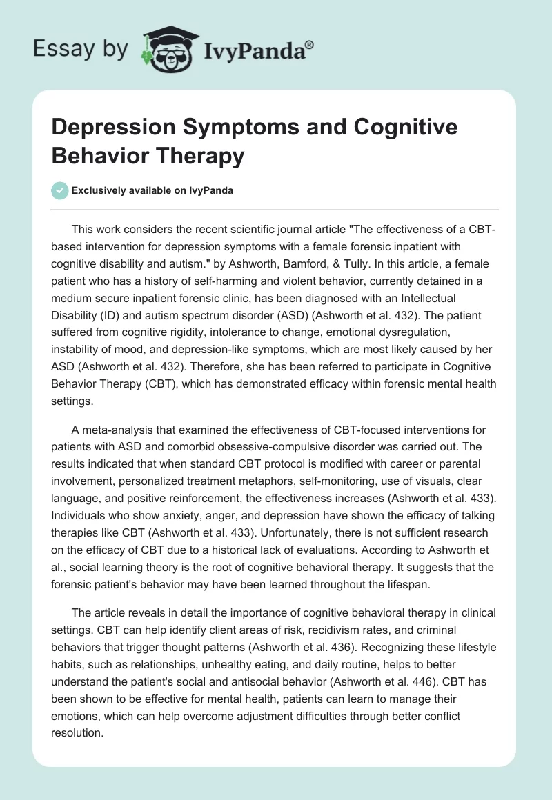 Depression Symptoms and Cognitive Behavior Therapy. Page 1