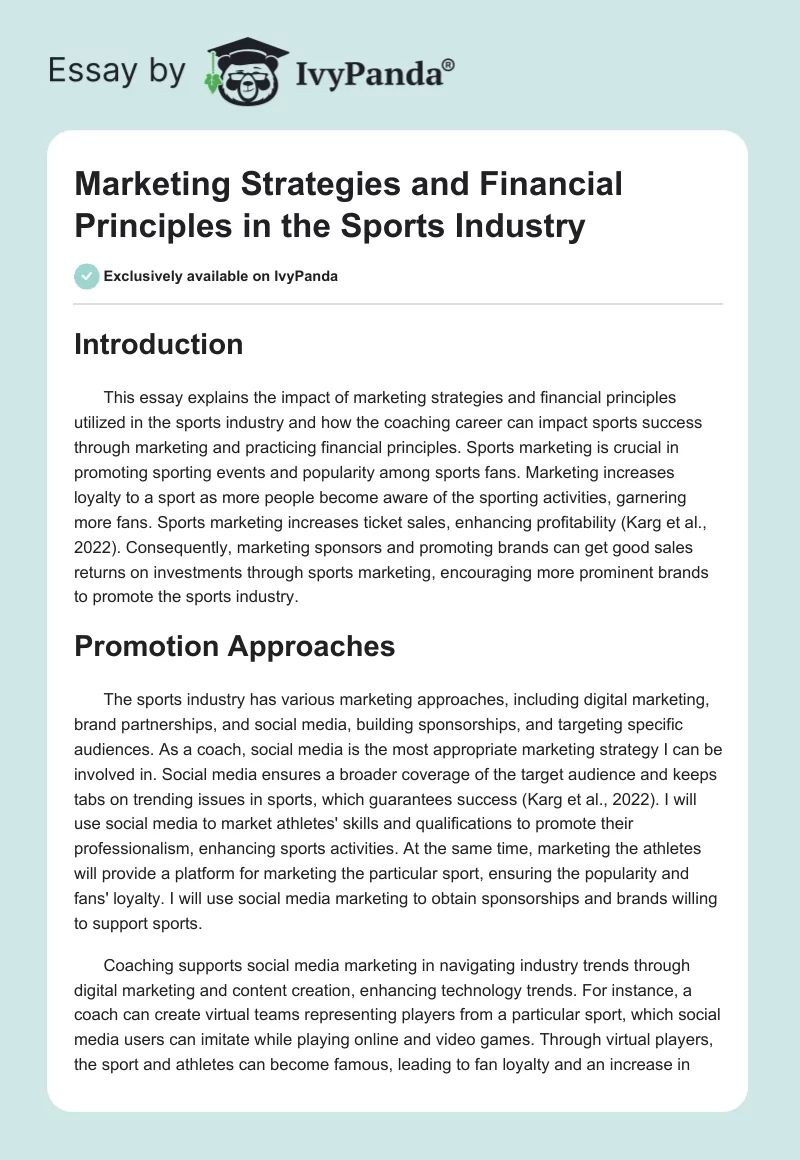 Marketing Strategies and Financial Principles in the Sports Industry. Page 1