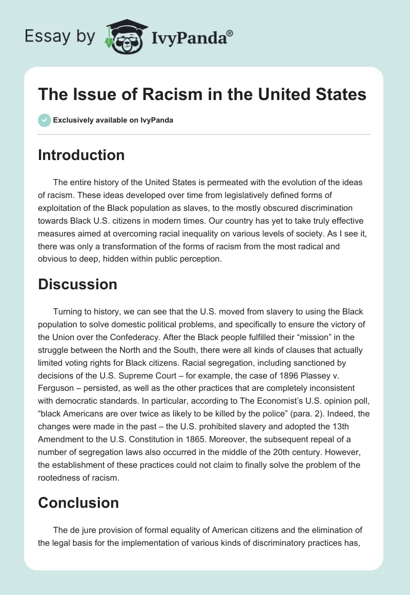 The Issue of Racism in the United States. Page 1