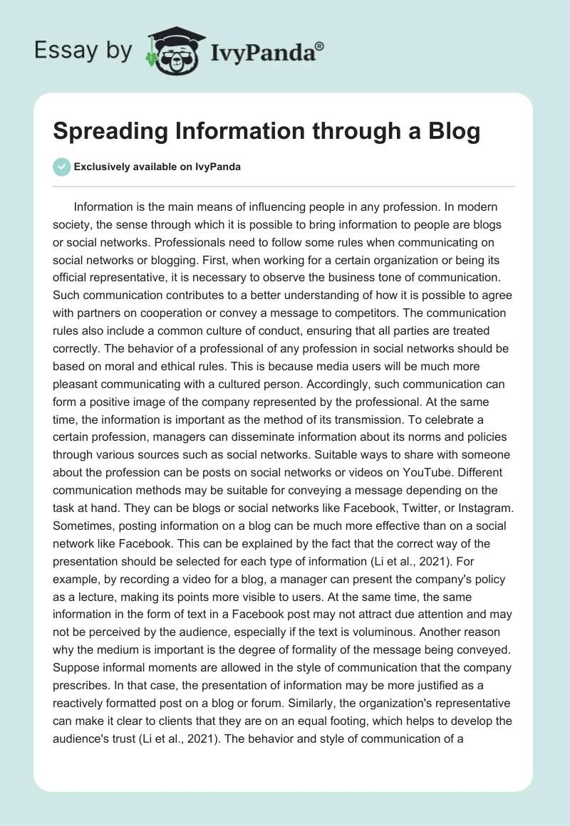 Spreading Information through a Blog. Page 1