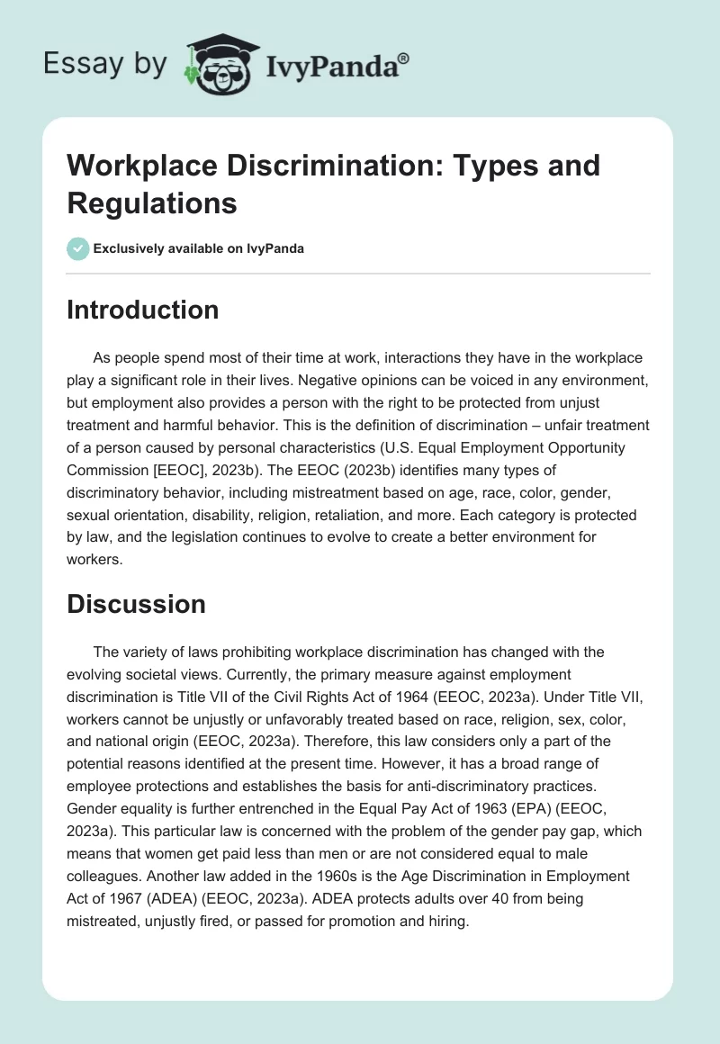 Workplace Discrimination: Types and Regulations. Page 1