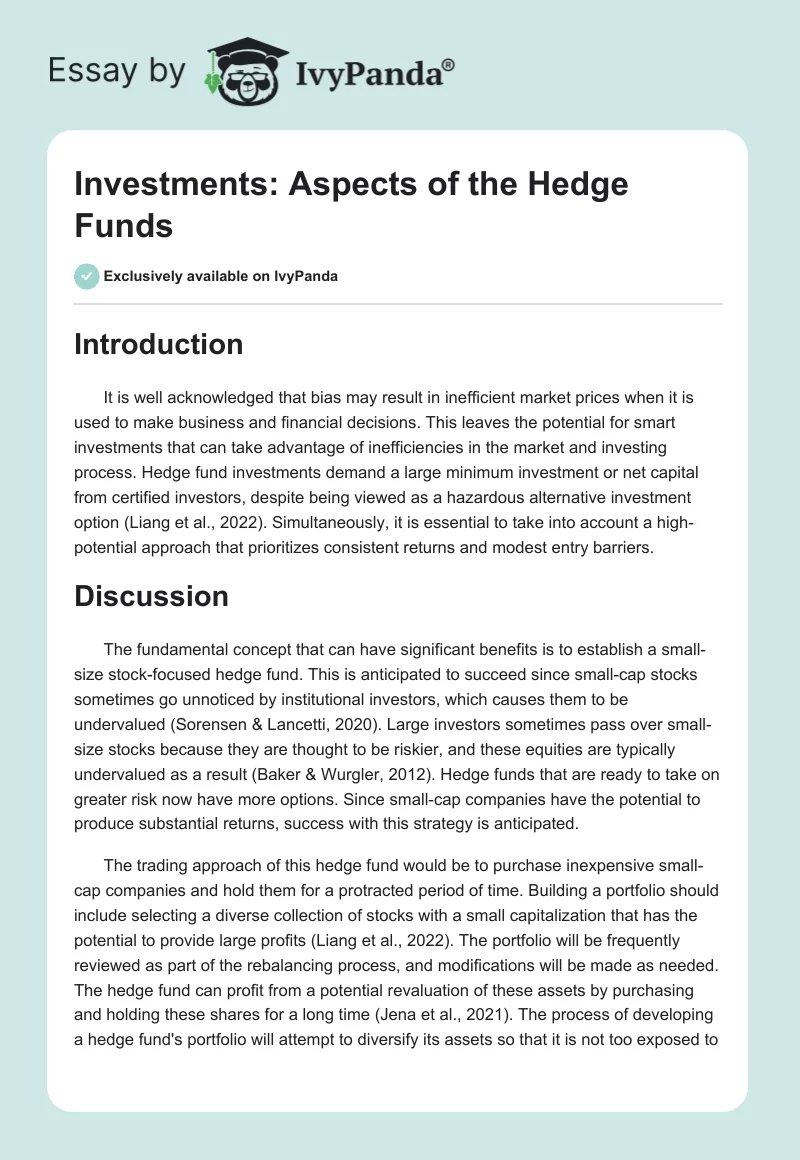 Investments: Aspects of the Hedge Funds. Page 1