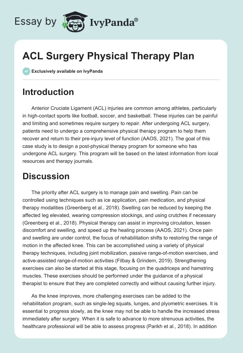 ACL Surgery Physical Therapy Plan. Page 1
