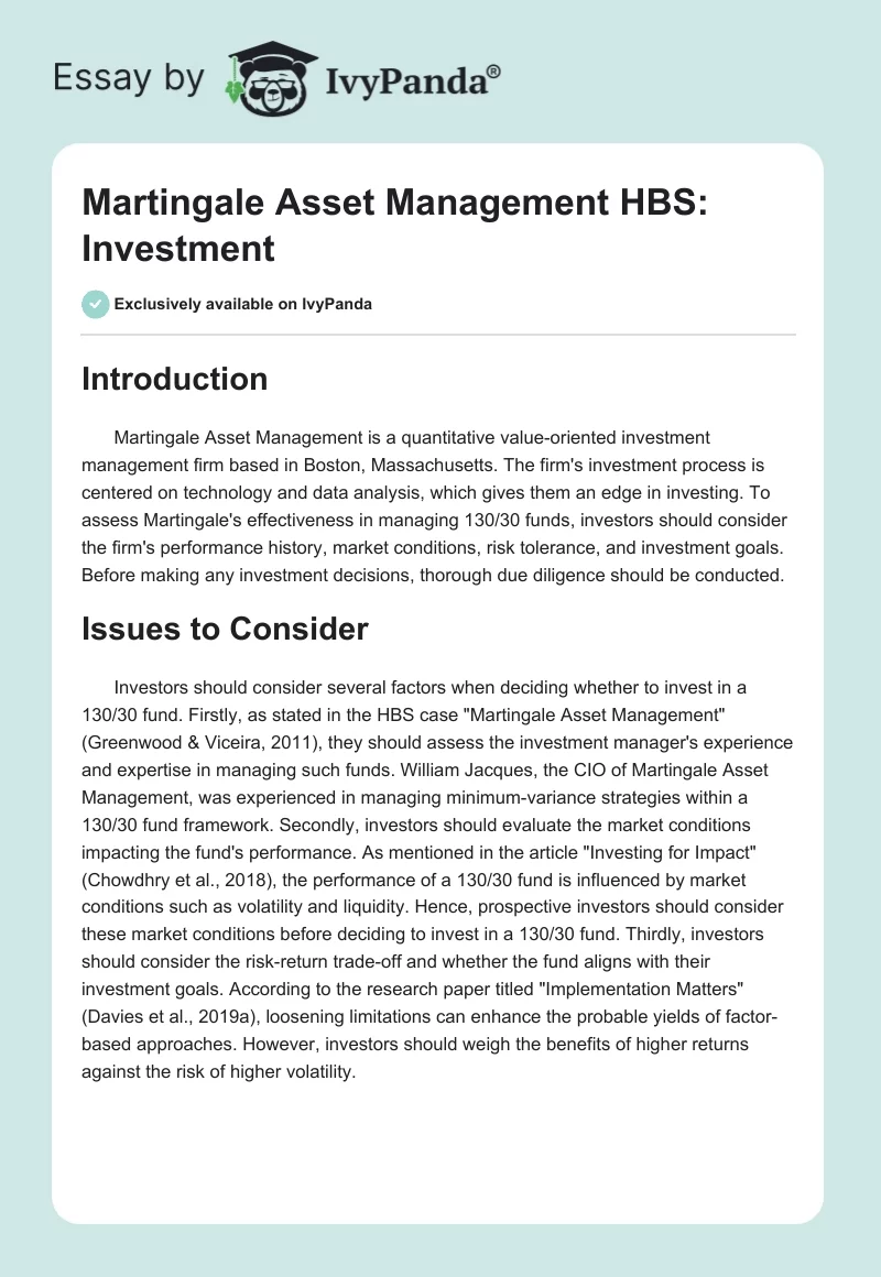 Martingale Asset Management HBS: Investment. Page 1