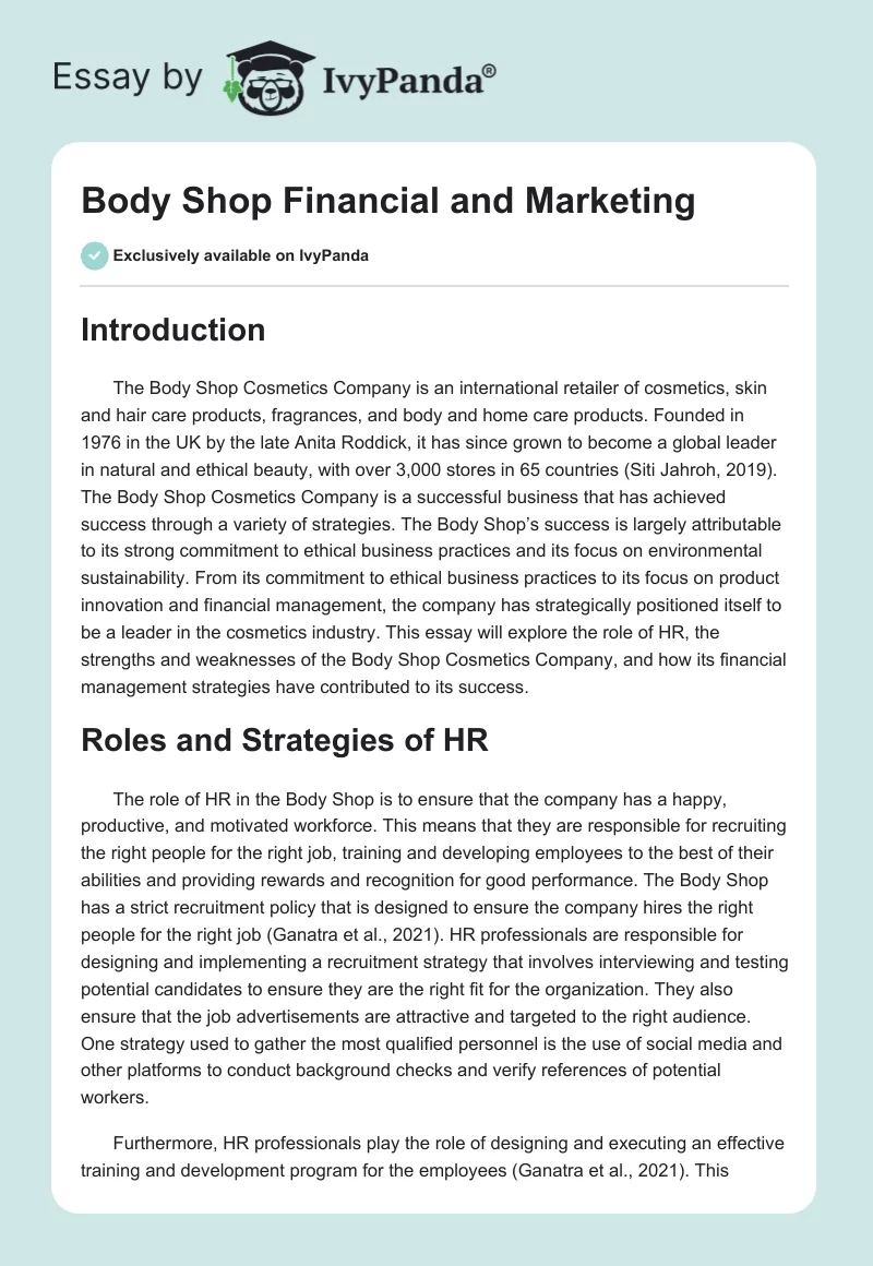 Body Shop Financial and Marketing. Page 1