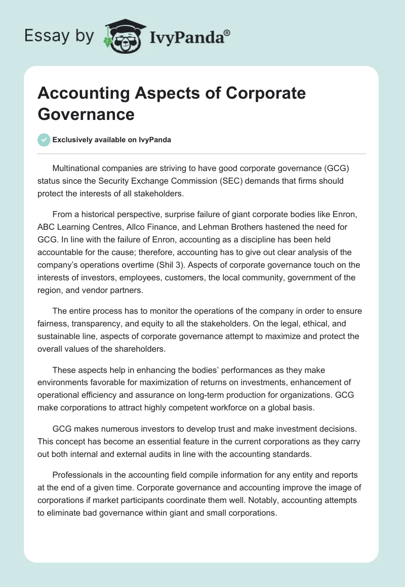 Accounting Aspects of Corporate Governance. Page 1