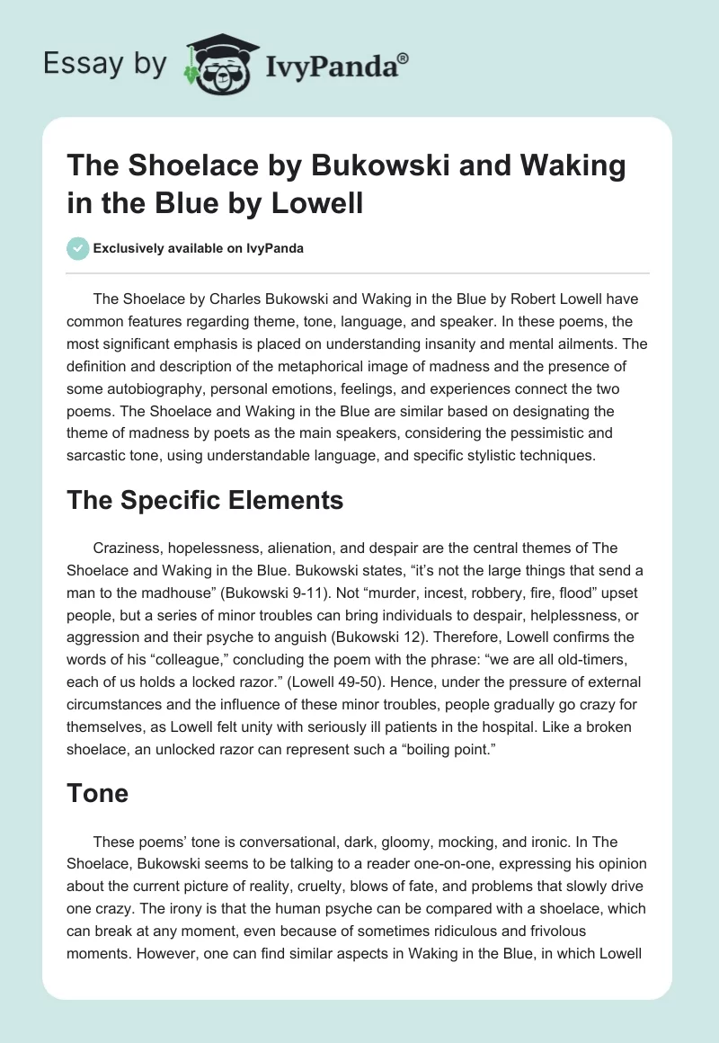 "The Shoelace" by Bukowski and "Waking in the Blue" by Lowell. Page 1