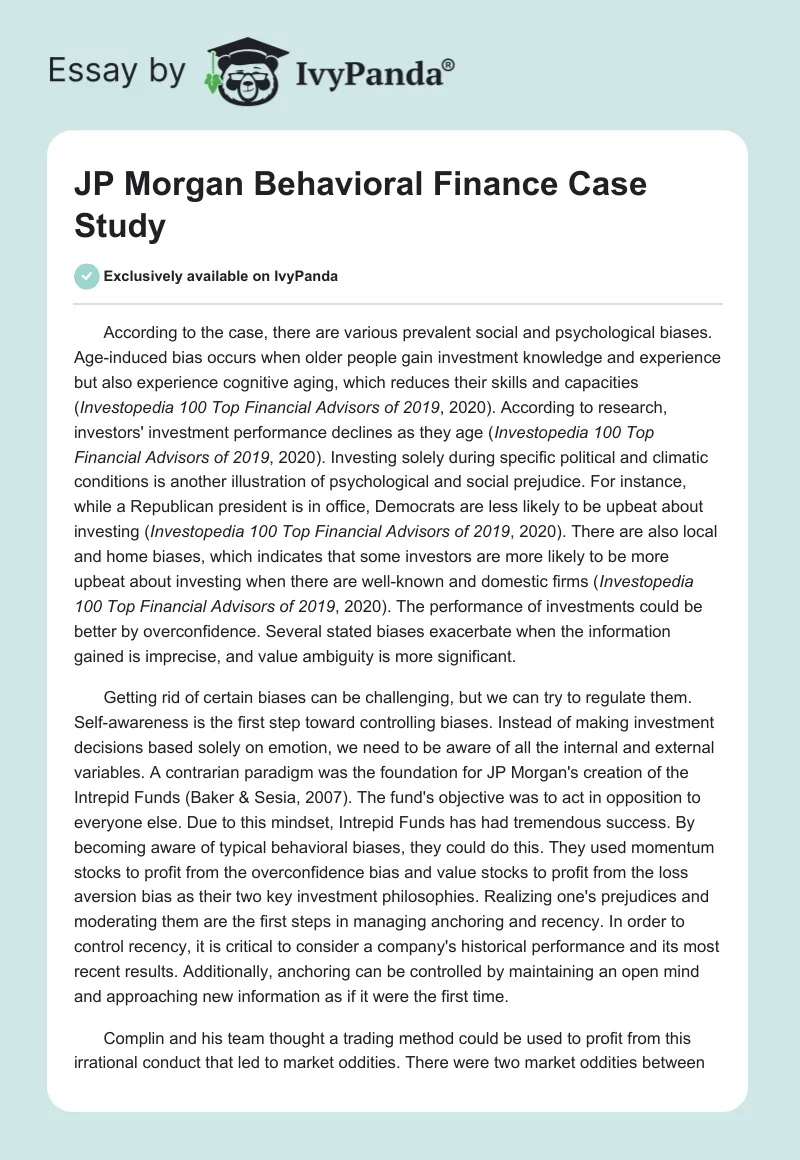 JP Morgan Behavioral Finance Case Study. Page 1
