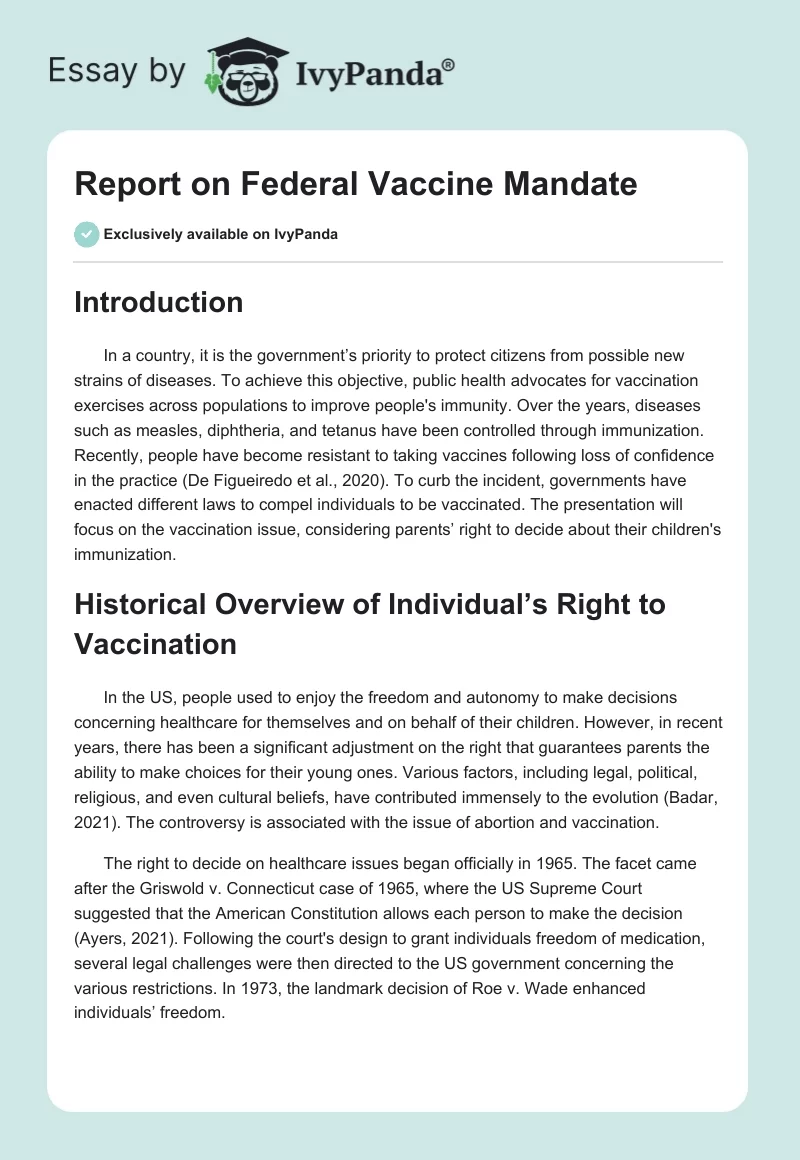 Report on Federal Vaccine Mandate. Page 1