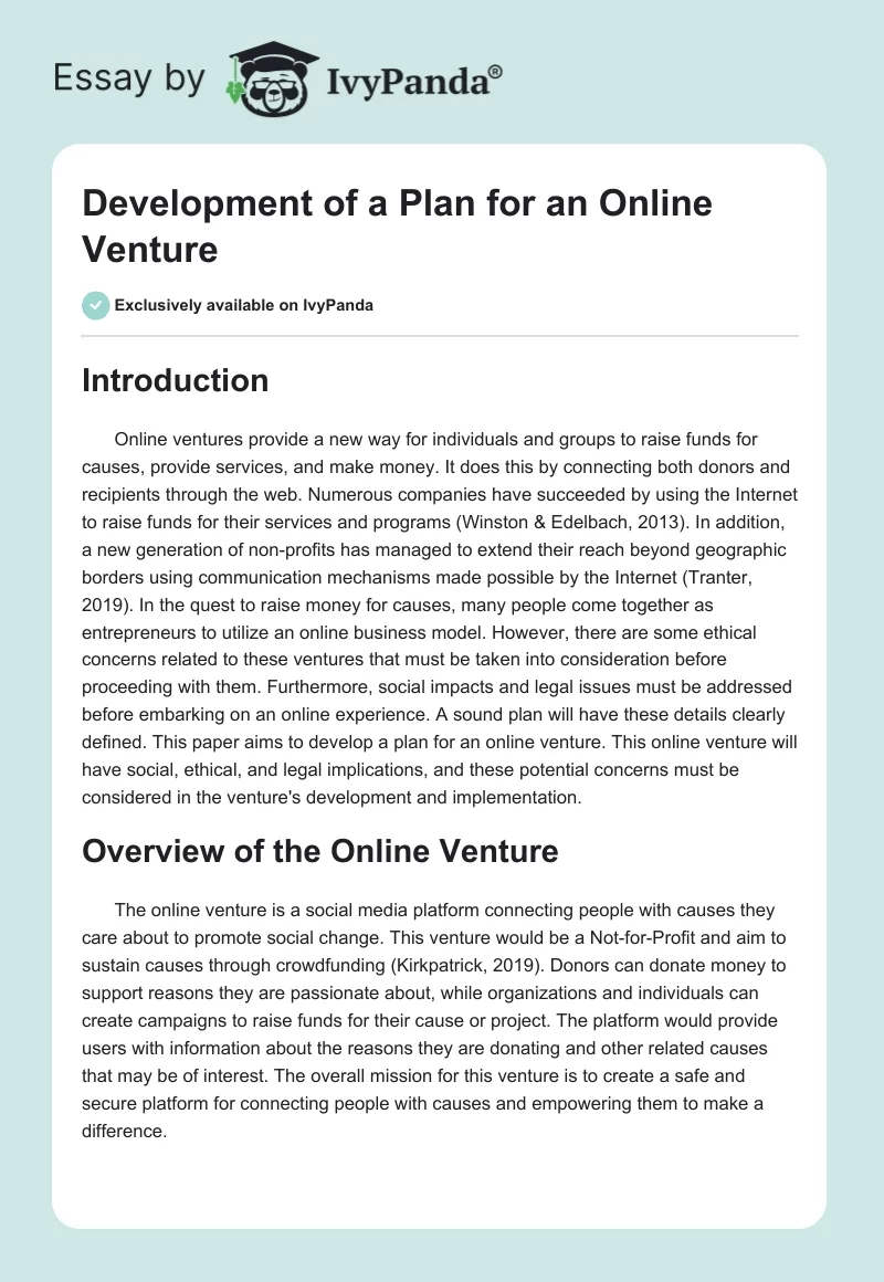 Development of a Plan for an Online Venture. Page 1