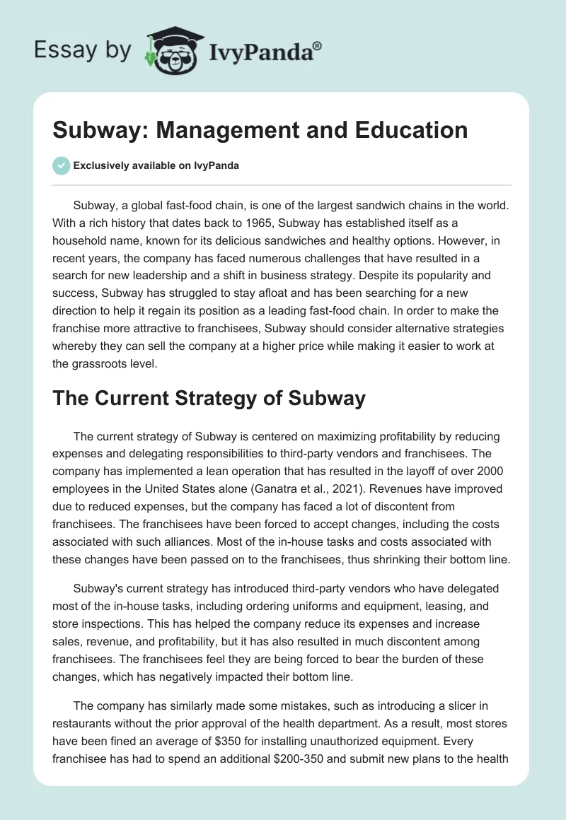 Subway: Management and Education. Page 1