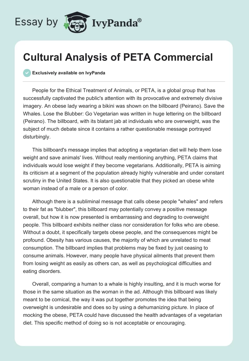 Cultural Analysis of PETA Commercial. Page 1