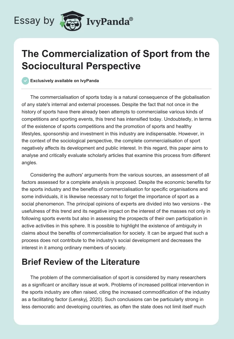 The Commercialization of Sport from the Sociocultural Perspective. Page 1