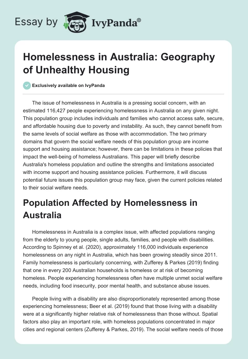 Homelessness in Australia: Geography of Unhealthy Housing. Page 1