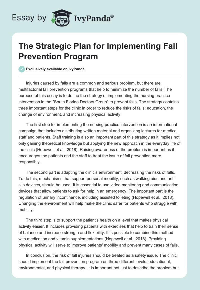 The Strategic Plan for Implementing Fall Prevention Program. Page 1