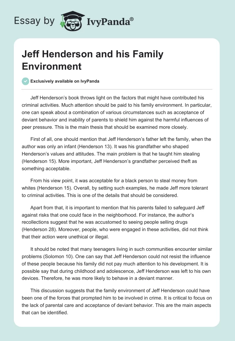Jeff Henderson and his Family Environment. Page 1