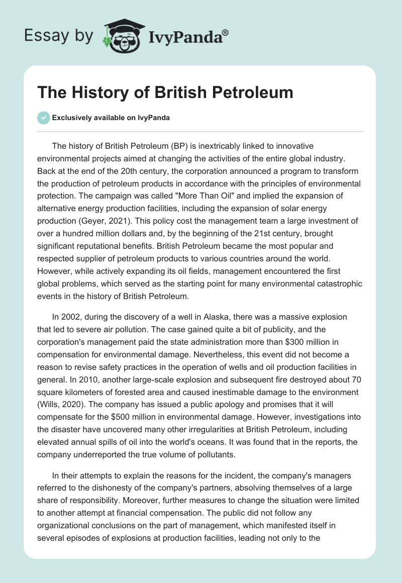 The History of British Petroleum: Deepwater Horizon Oil Spill. Page 1