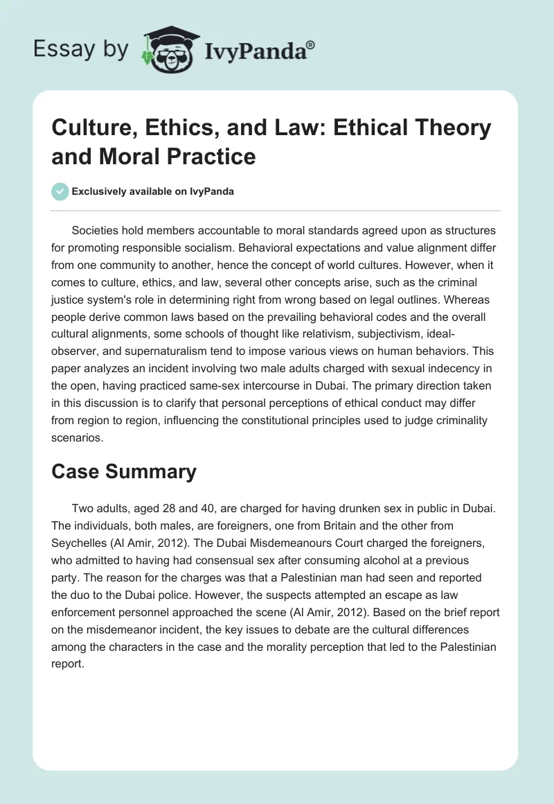 Culture, Ethics, and Law: Ethical Theory and Moral Practice. Page 1