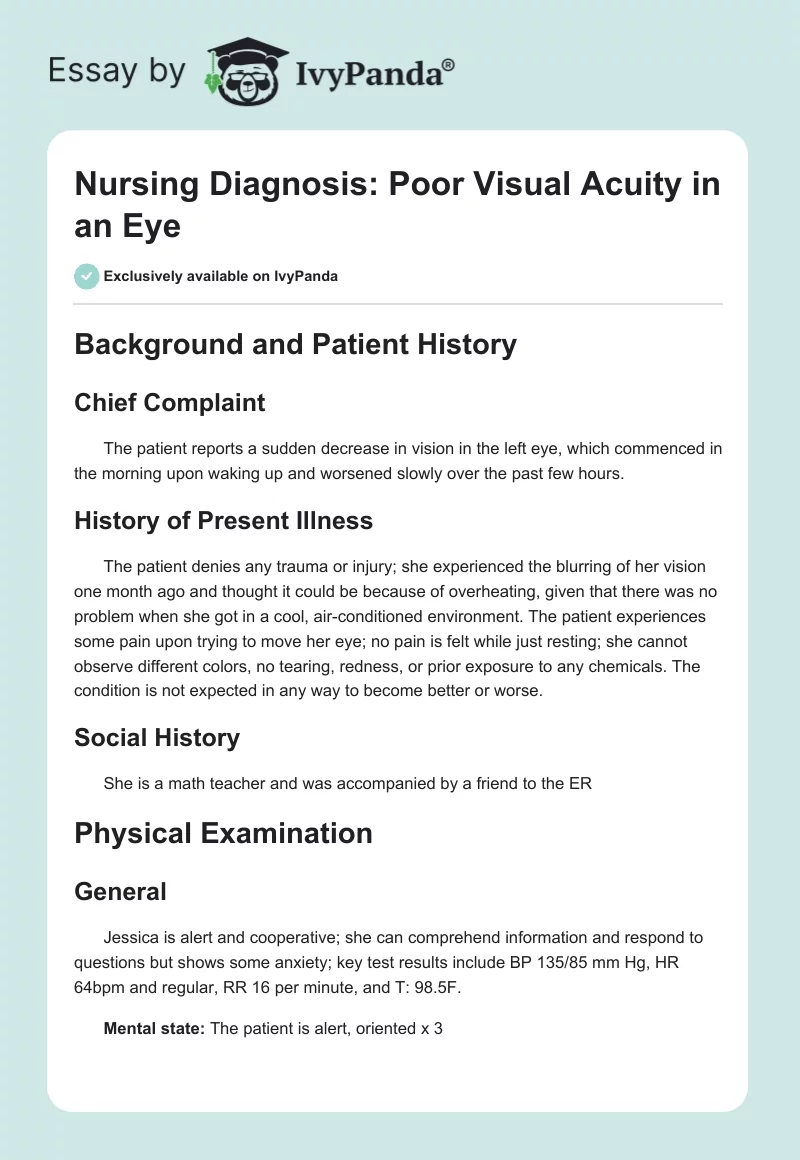 Nursing Diagnosis: Poor Visual Acuity in an Eye. Page 1