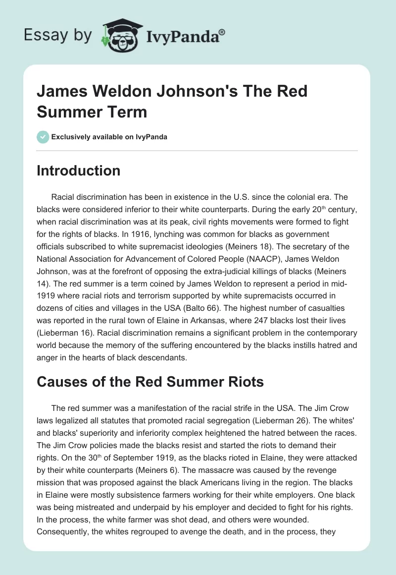 James Weldon Johnson's "The Red Summer" Term. Page 1