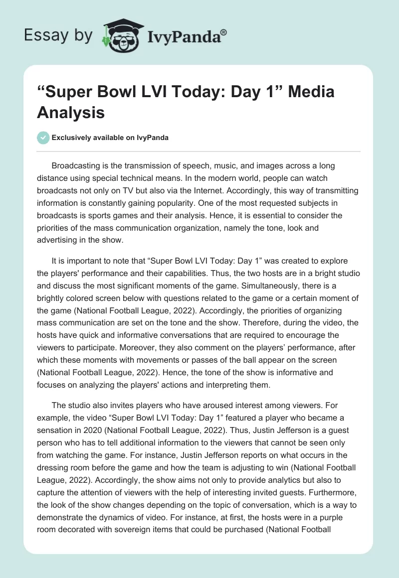 “Super Bowl LVI Today: Day 1” Media Analysis. Page 1