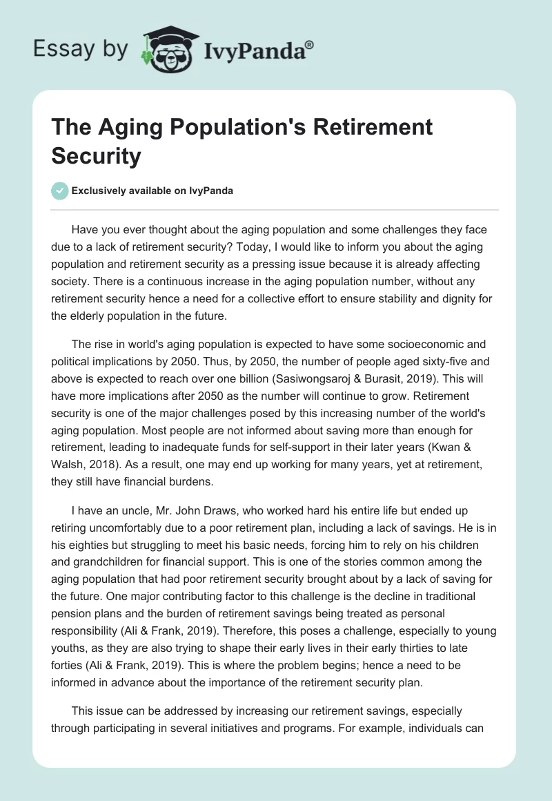 The Aging Population's Retirement Security. Page 1
