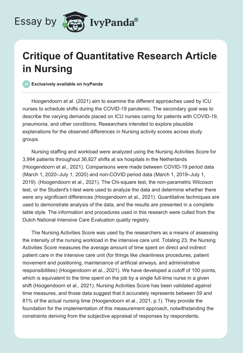 Critique of Quantitative Research Article in Nursing. Page 1