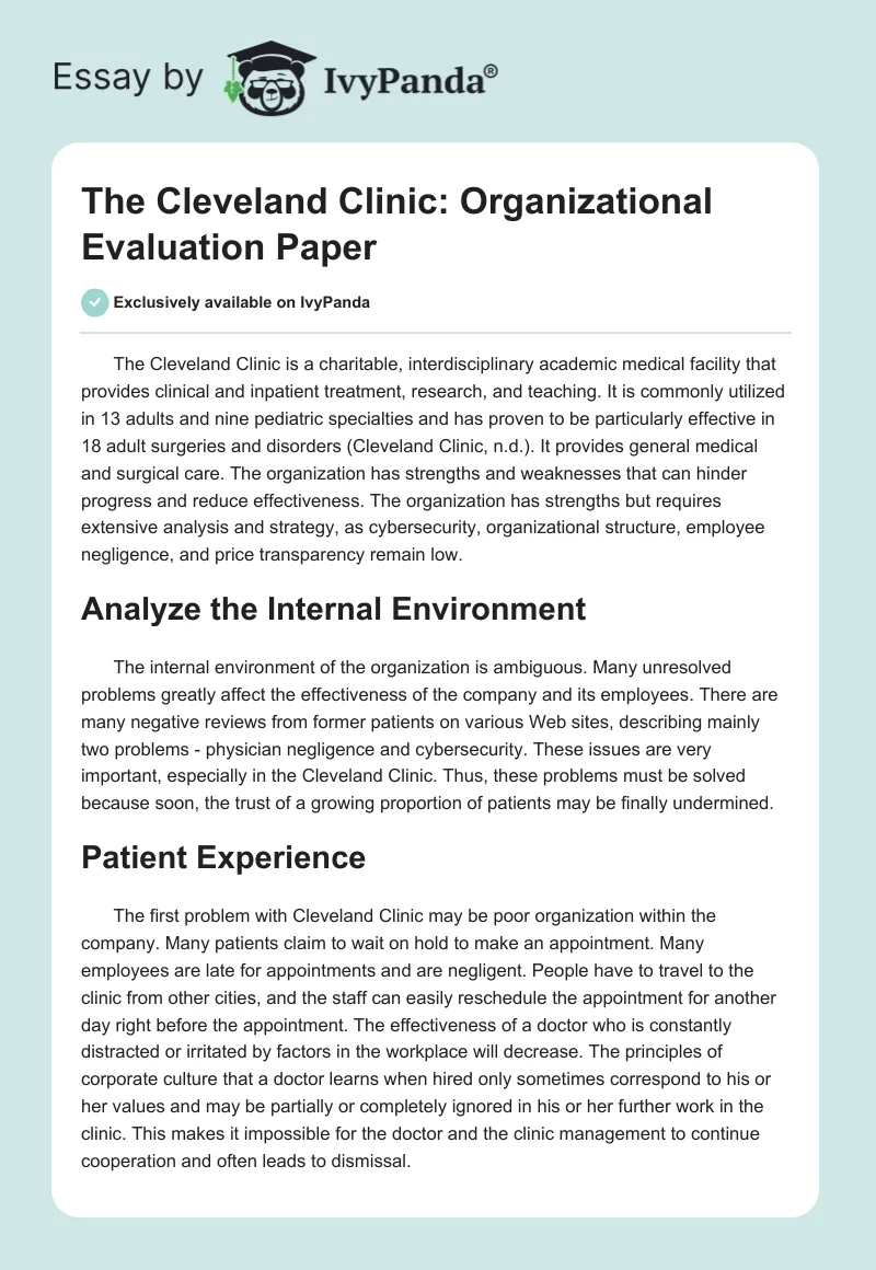 The Cleveland Clinic: Organizational Evaluation Paper. Page 1