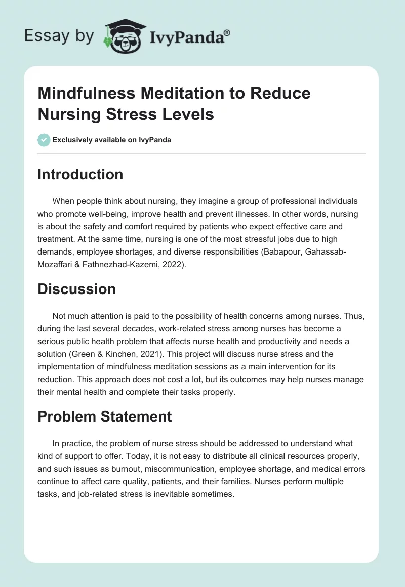 Mindfulness Meditation to Reduce Nursing Stress Levels. Page 1