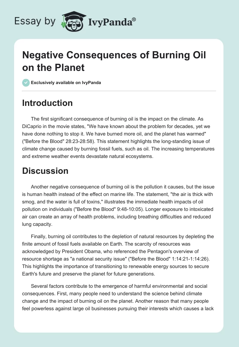 Negative Consequences of Burning Oil on the Planet. Page 1