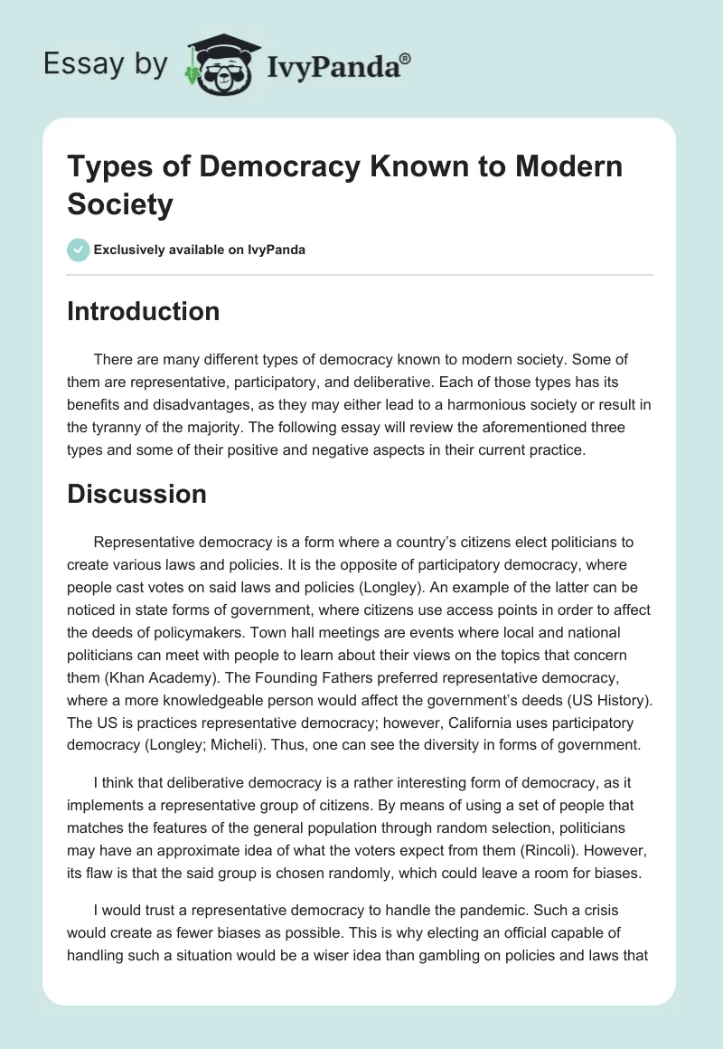 Types of Democracy Known to Modern Society. Page 1