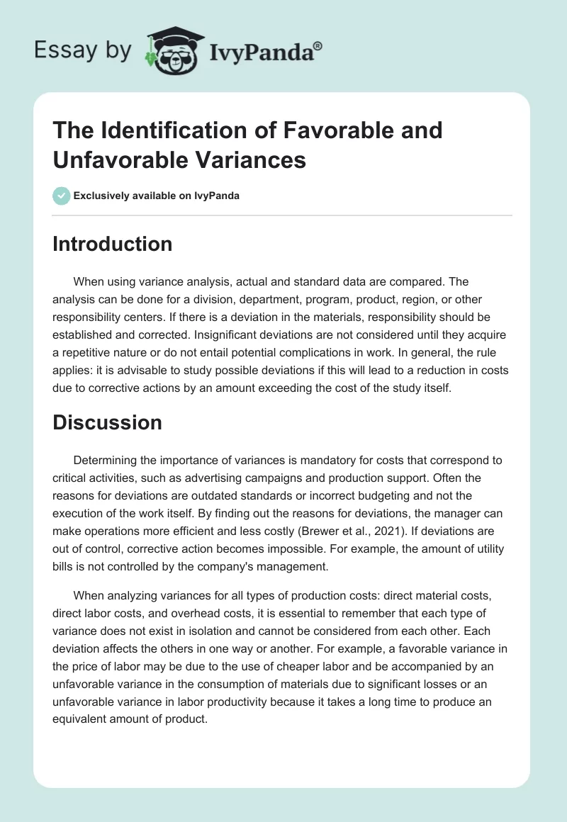 The Identification of Favorable and Unfavorable Variances. Page 1
