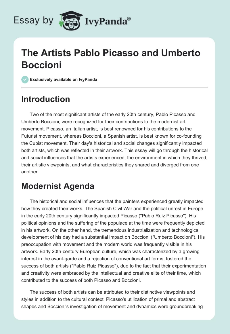 Modernist Art: Pablo Picasso and Umberto Boccioni. Page 1