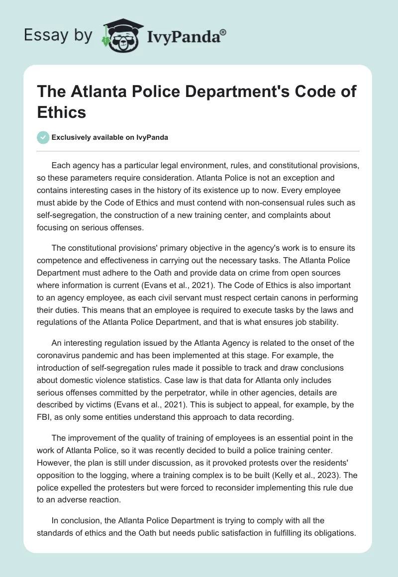 The Atlanta Police Department's Code of Ethics. Page 1